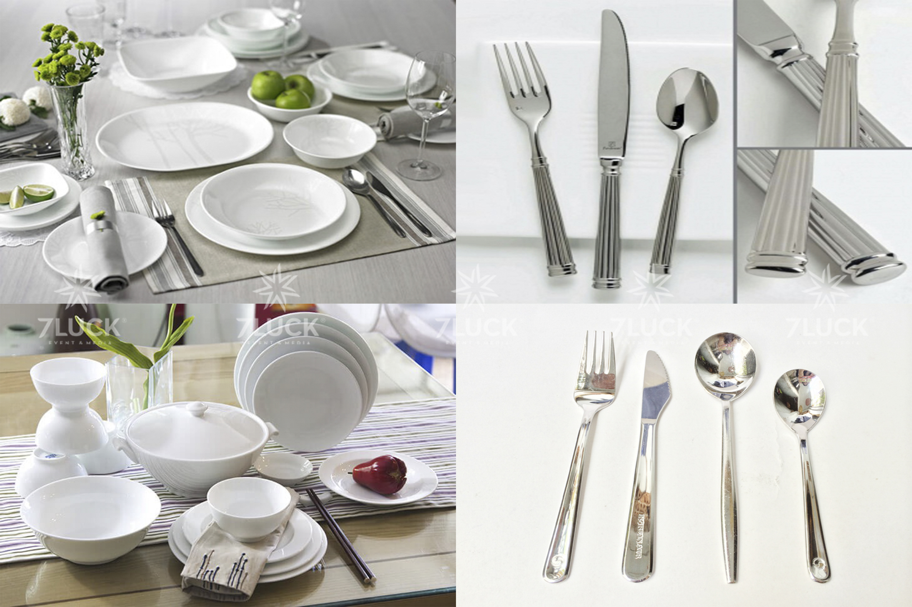 Bowls, plates, spoons, forks, glasses